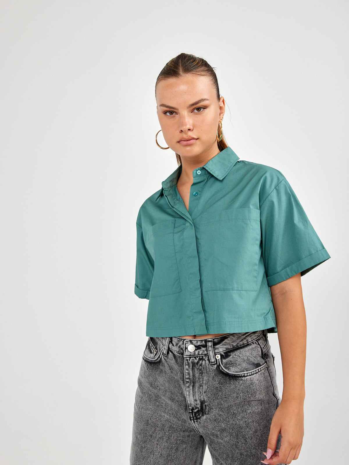 חולצת פופלין קרופ מכופתרת