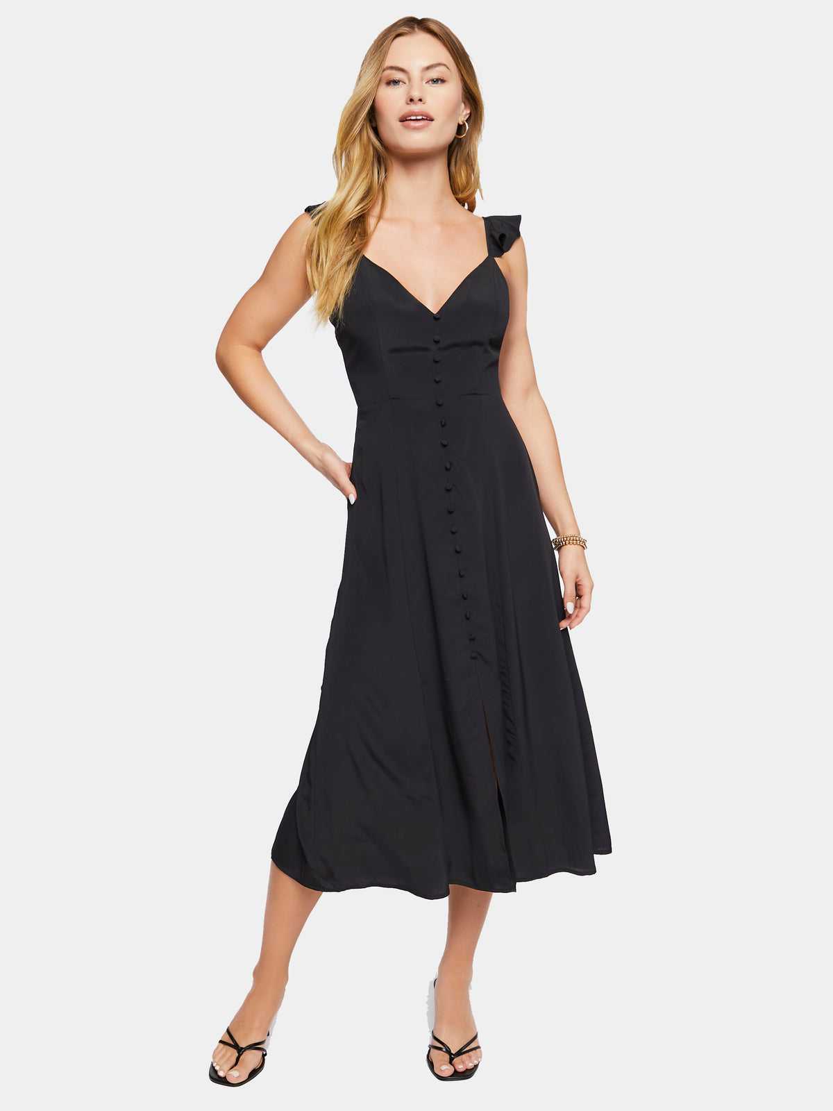 שמלת מידי סאטן עם כתפיות משולבות וכפתורים מלפנים