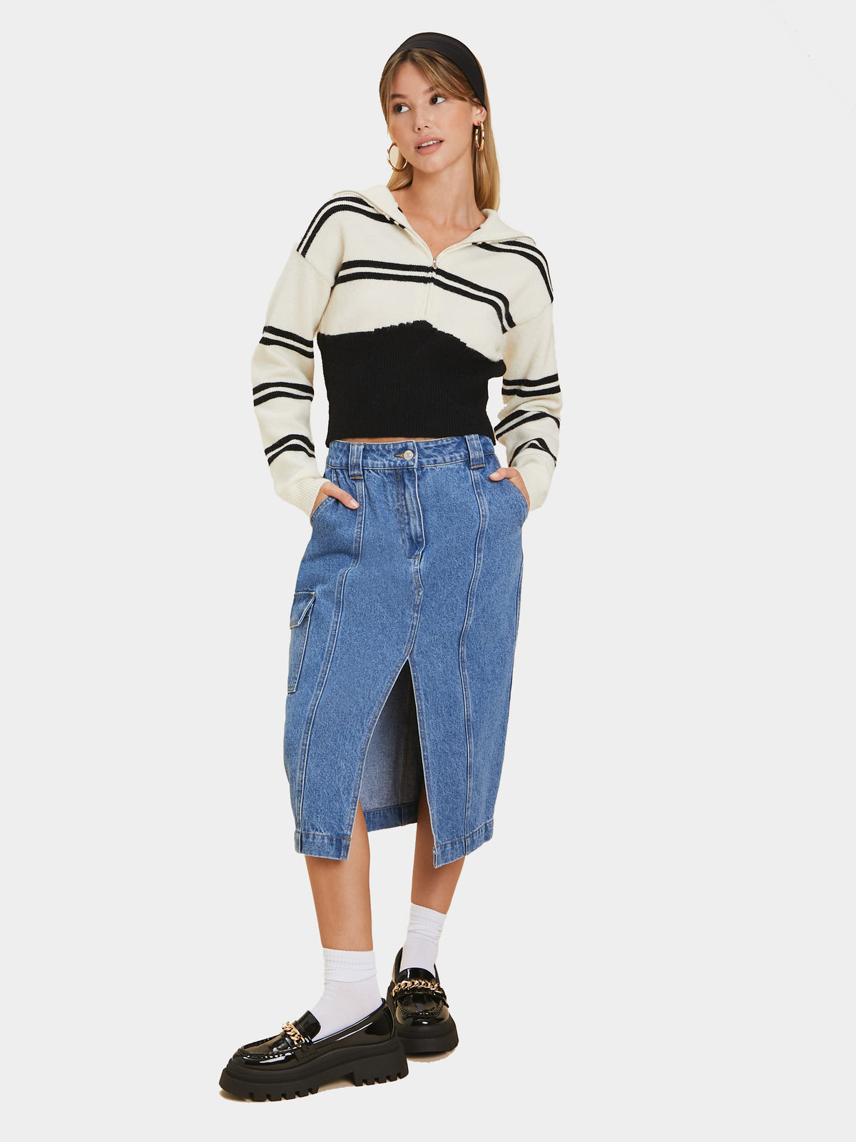 חצאית מקסי דנים עם שסע קדמי וכיסים