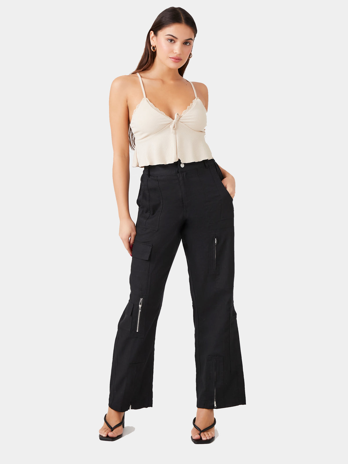 מכנסי קארגו ארוגים עם מותן גבוהה וגזרה רחבה