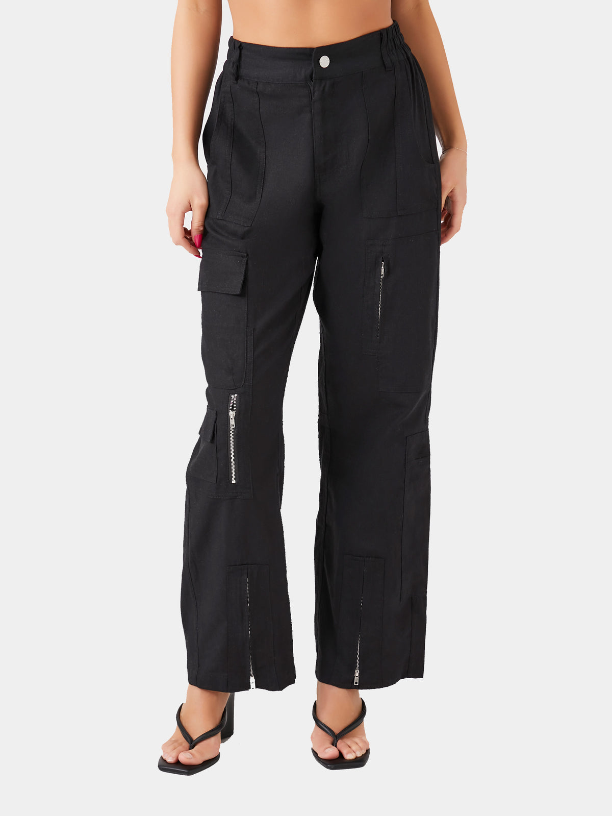 מכנסי קארגו ארוגים עם מותן גבוהה וגזרה רחבה