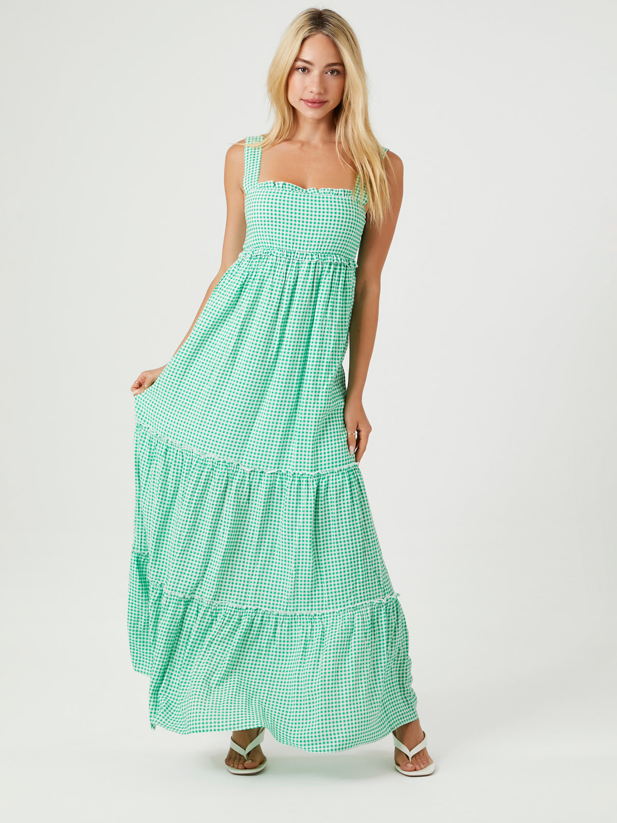 שמלת מקסי ארוגה בדוגמת גינגהם עם עיטור רפל