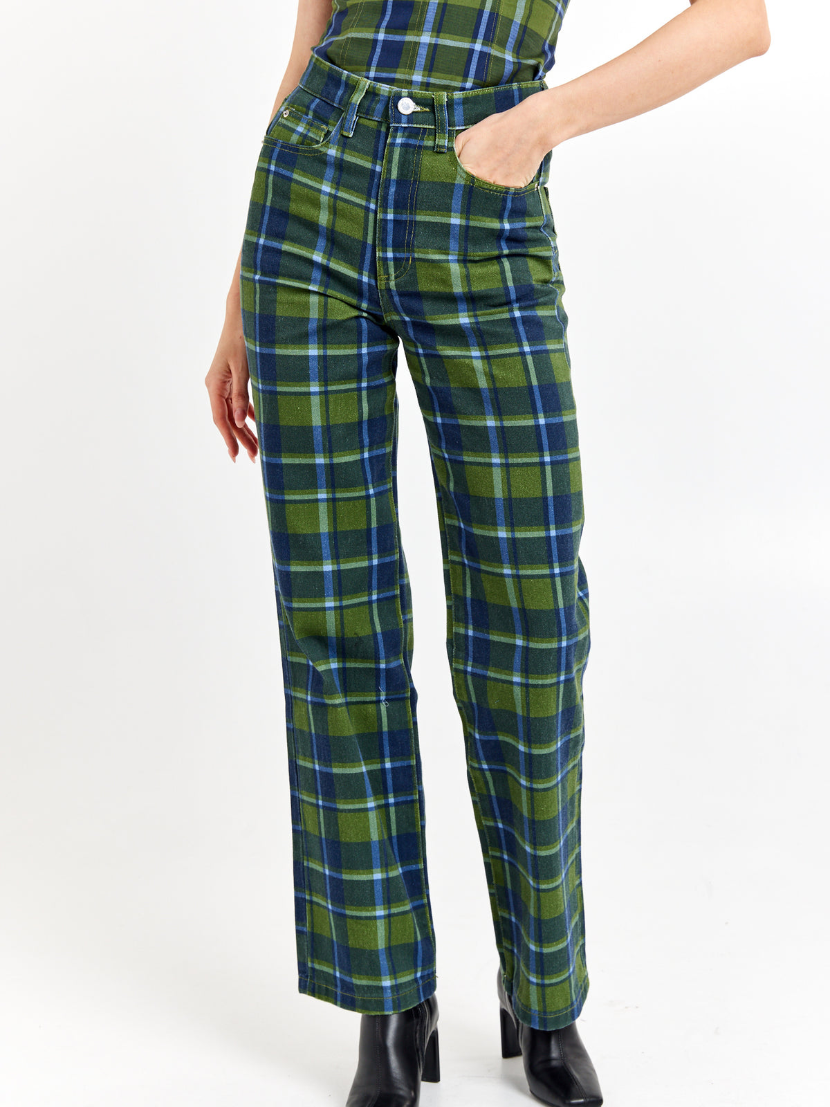 מכנסי ג'ינס משבצות בגזרה גבוהה