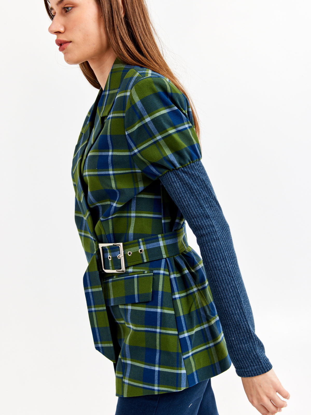 בלייזר משבצות בשילוב שרוולי ריב