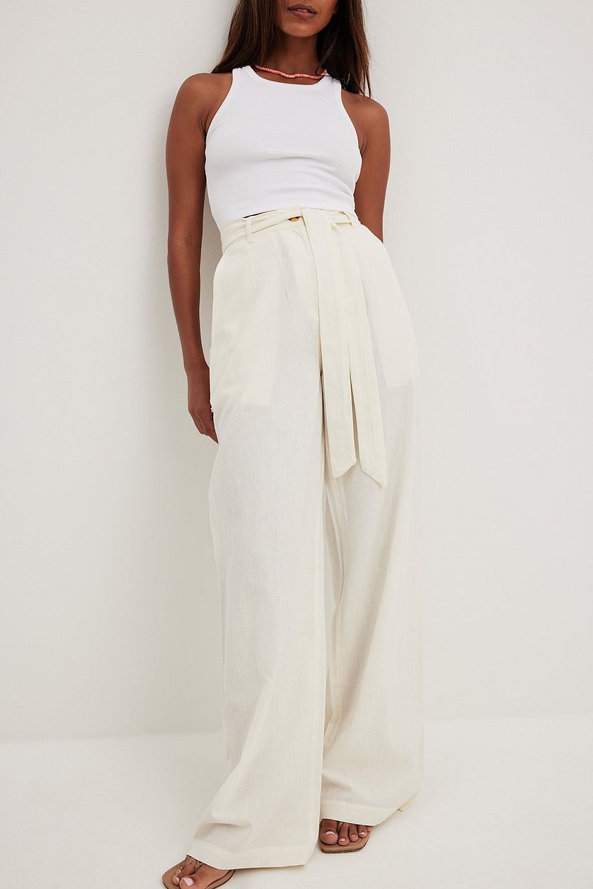 מכנסי פשתן רחבים עם חגורת קשירה