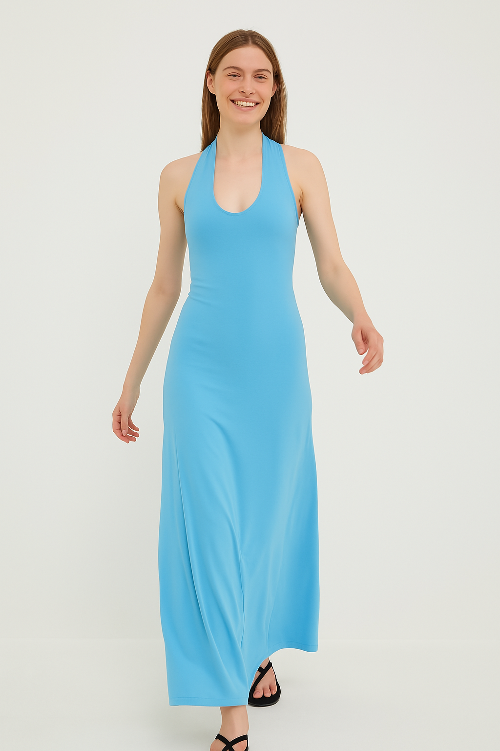 שמלת מקסי עם קשירה בצוואר ומחשוף עמוק