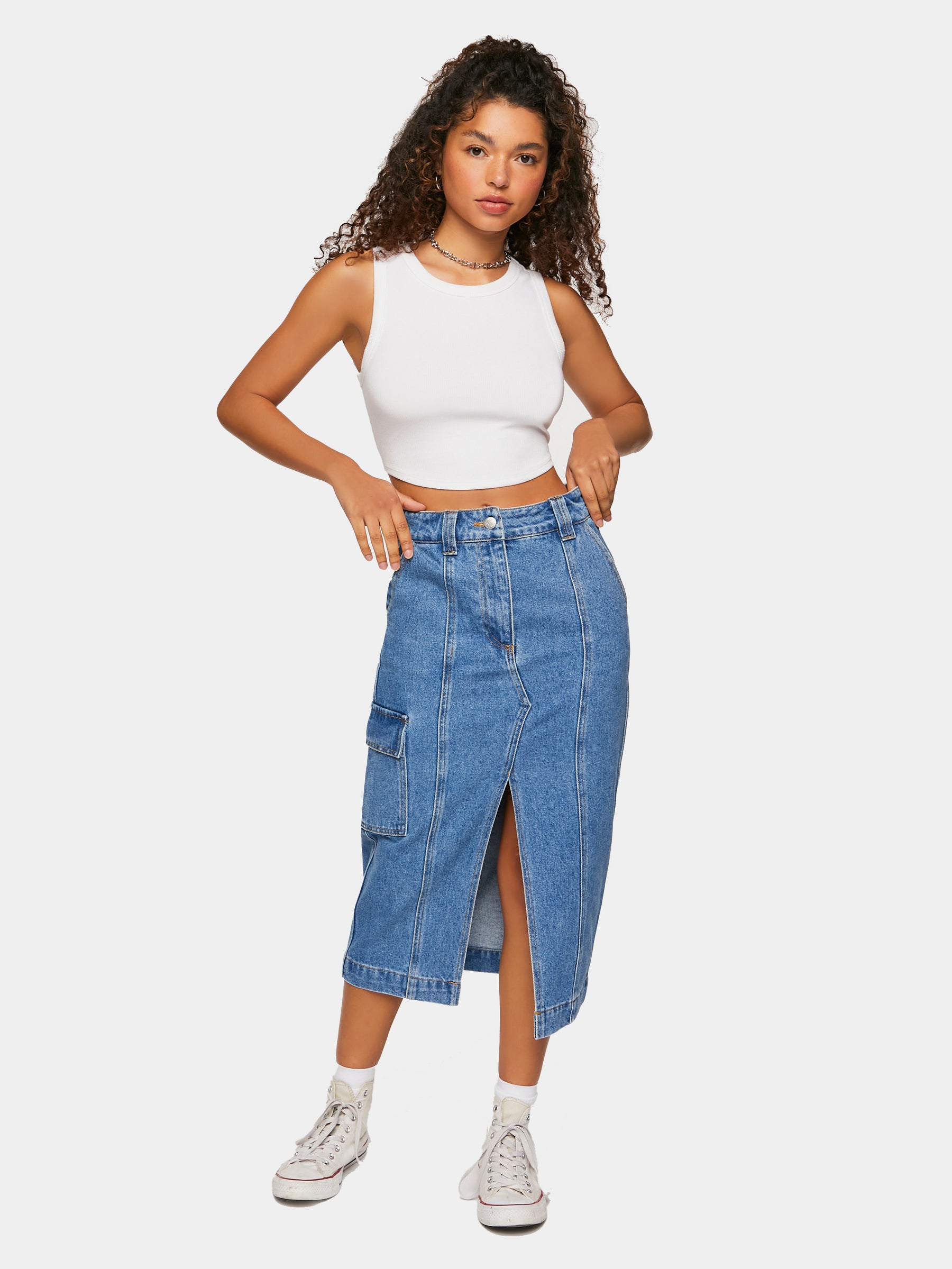 חצאית מקסי דנים עם שסע קדמי וכיסים- FOREVER 21|פוראבר 21