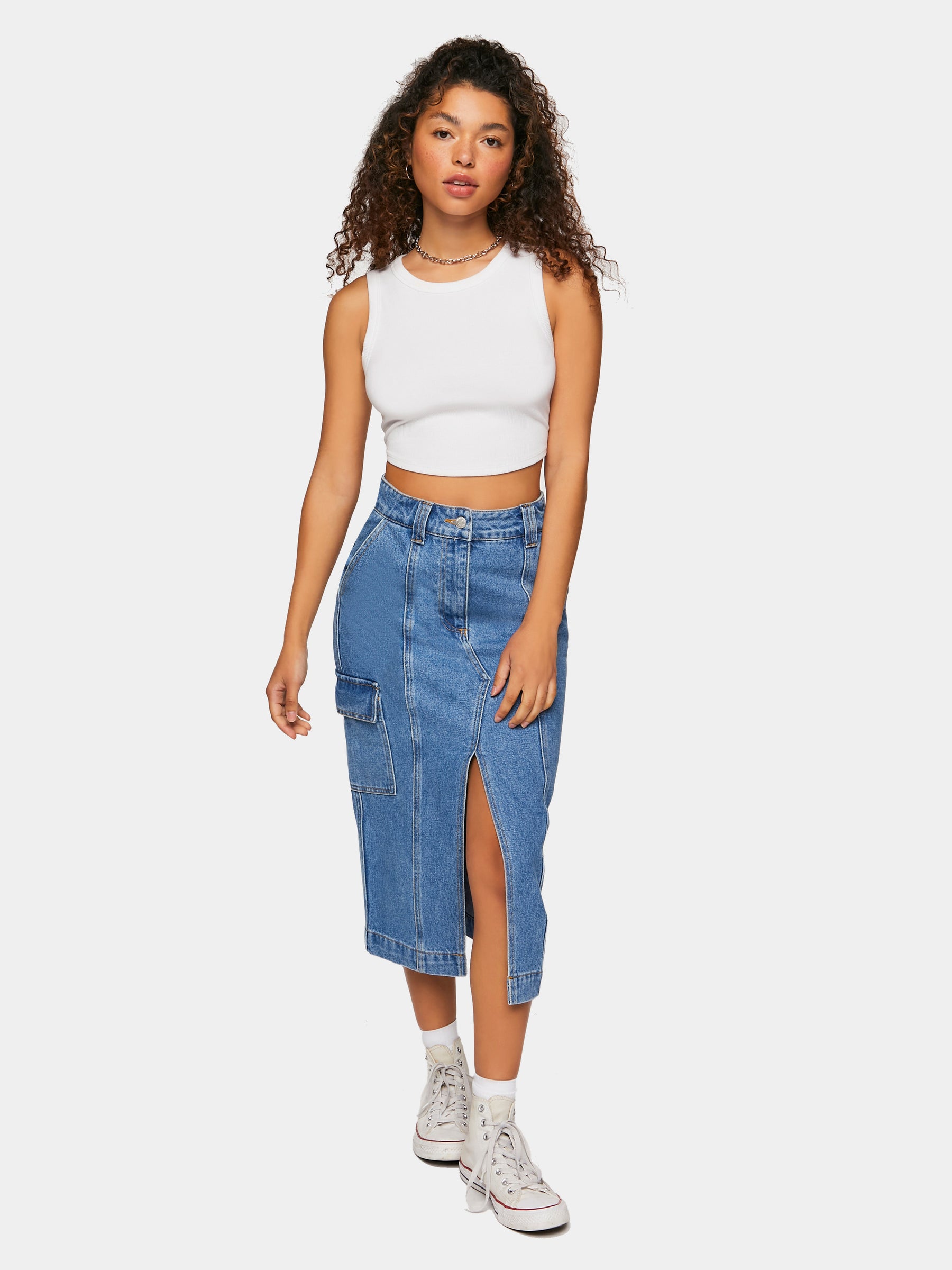 חצאית מקסי דנים עם שסע קדמי וכיסים- FOREVER 21|פוראבר 21