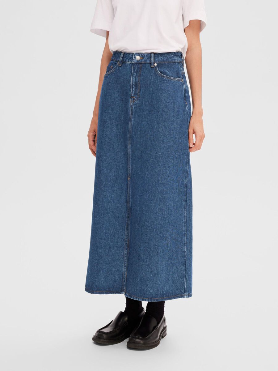 חצאית ג'ינס מידי עם שסע קדמי- Selected|סלקטד