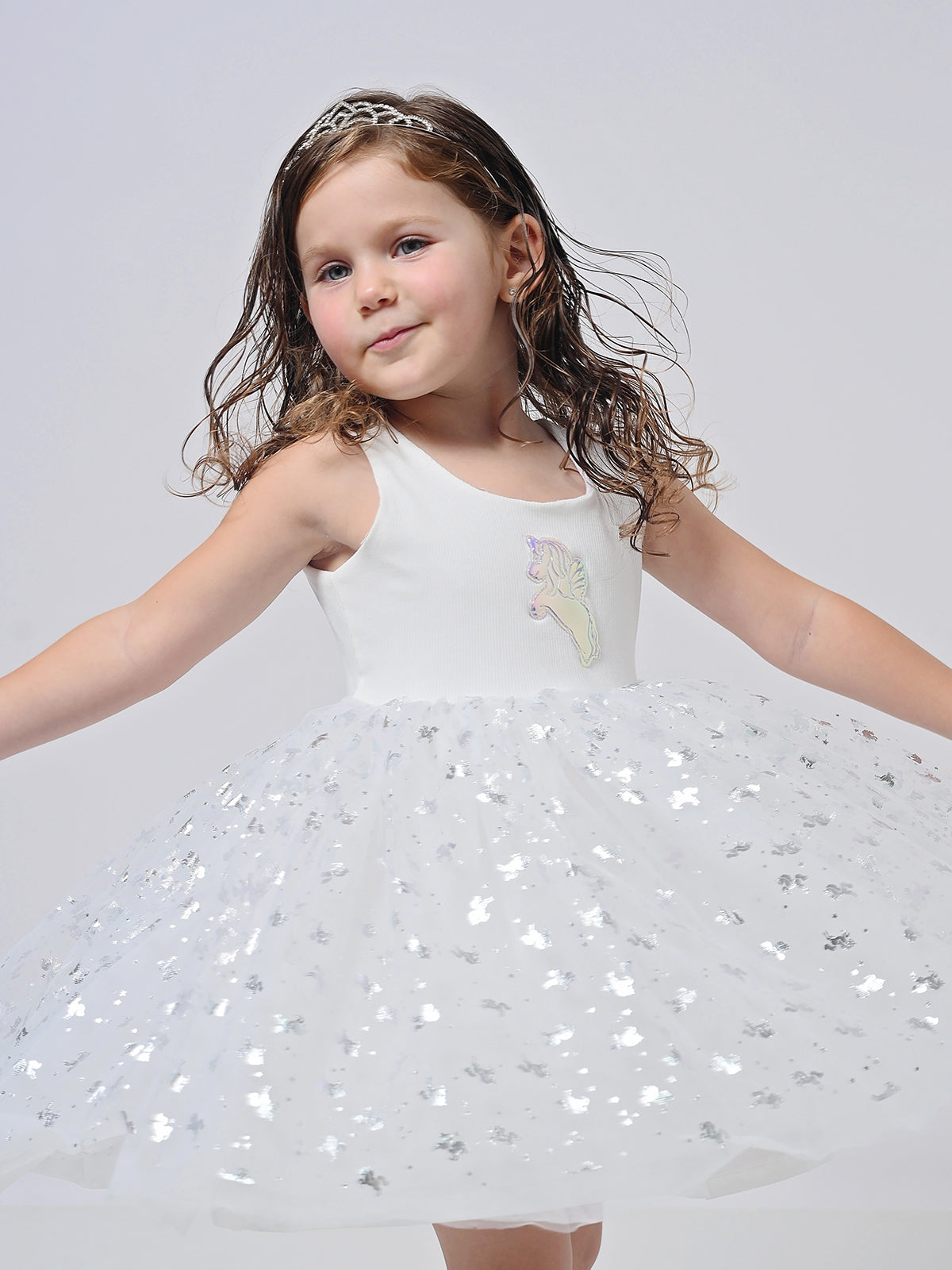 שמלת טול חדי קרן מבריקים לבנה / ילדות ותינוקות- Almonet|עלמונת